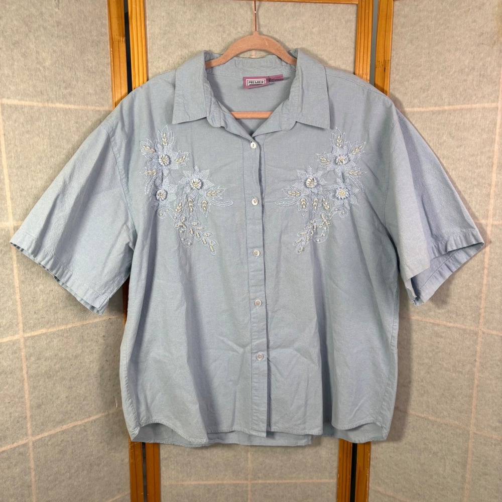VTG Premier International Button‎ Up Shirt 3X Blue Floral Embroider Pearl Cotton